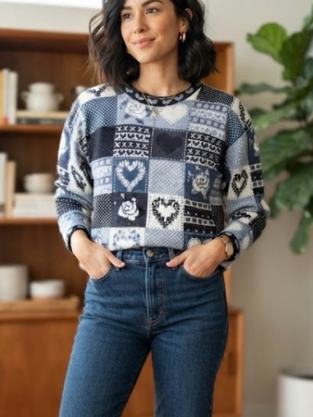 Vintage Blue White Patchwork Rose Heart Knit Sweater Cottagecore Valentine’s Day